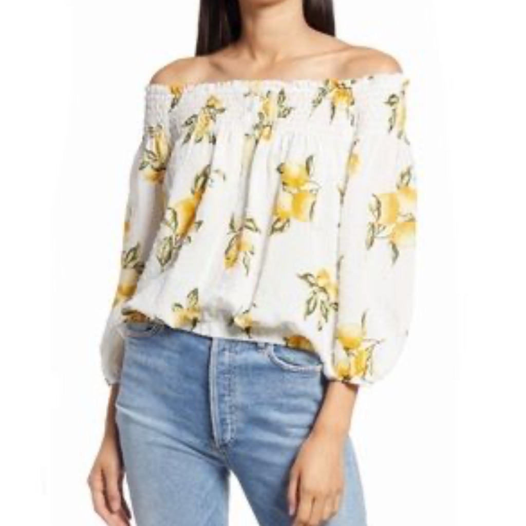 Socialite Off-Shoulder Blouse - White And Yellow Floral Lemons